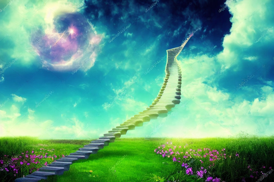 Surreal landscape with stone staircase, galaxy in sky, green meadow