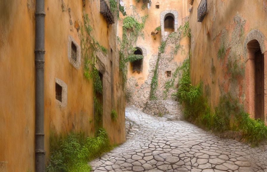 Weathered Orange Walls and Cobblestone Alleyway with Arched Doorways and Stone Steps