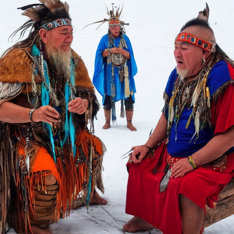 Three individuals in traditional Native American attire with feathered headdresses and beadwork conversing in snowy setting