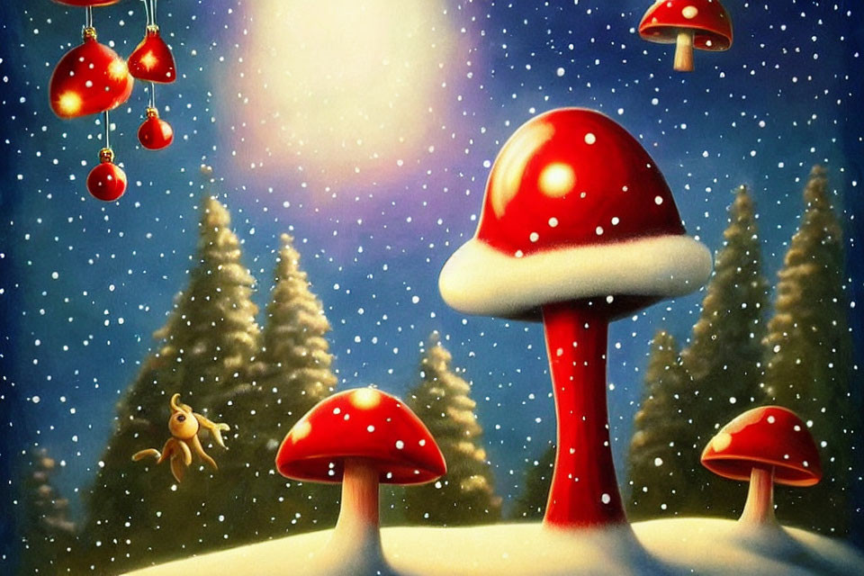 Snow-covered pine trees with red-capped mushrooms and a joyful creature in a whimsical winter setting