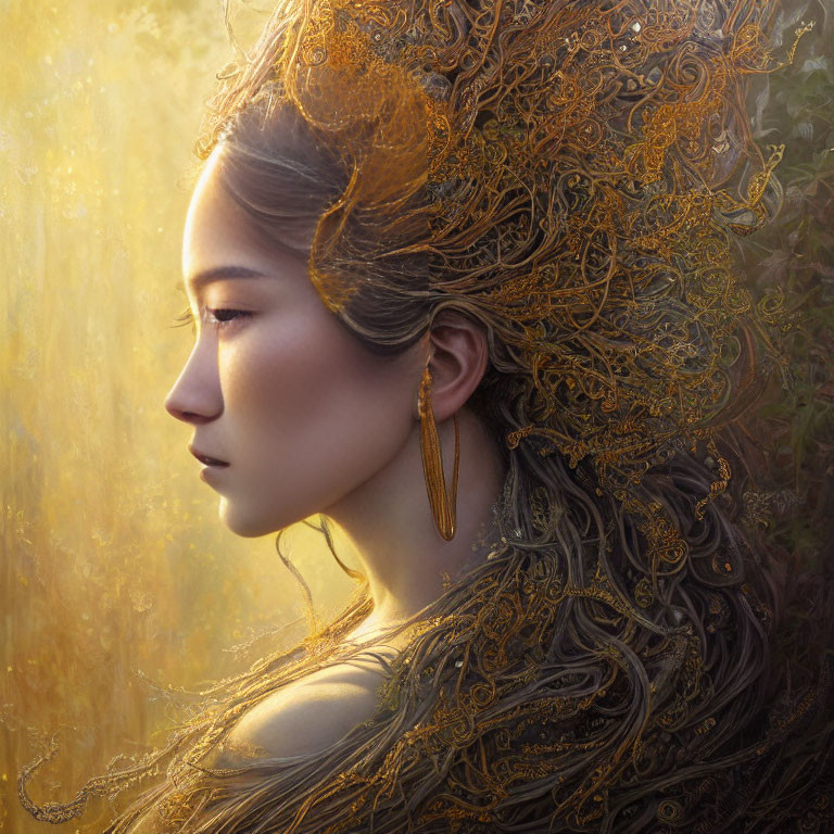 Profile of Woman with Ornate Golden Headdress on Warm Backdrop