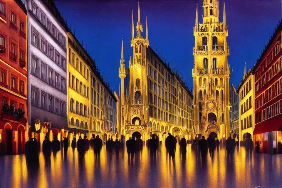 Colorful Street Scene at Dusk with Gothic Tower