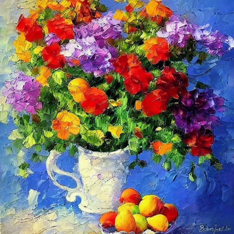 Colorful Flower Bouquet Painting with Fruits in Thick Impressionistic Style