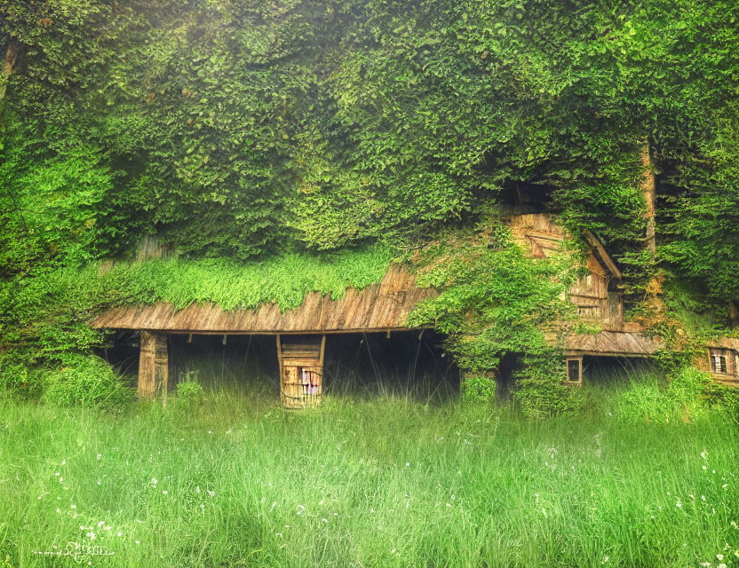 Rustic wooden cabin surrounded by green ivy in forest clearing