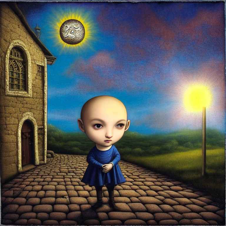 Surreal painting of child in blue dress on cobblestone path