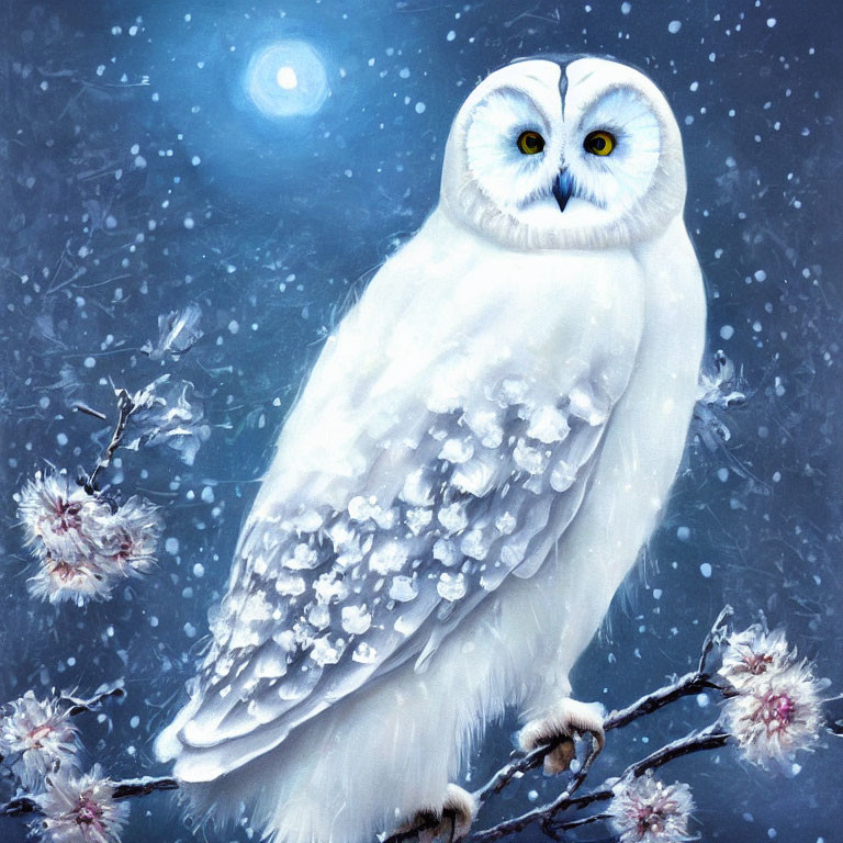 White Owl with Blue Eyes Perched on Snowy Branch Under Moonlit Sky