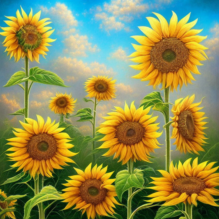 Bright sunflower painting against blue sky with fluffy clouds