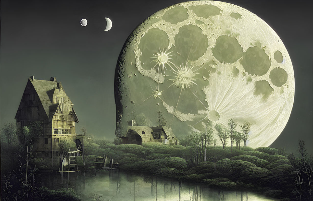 Traditional houses by a lake under surreal moon and starlit sky