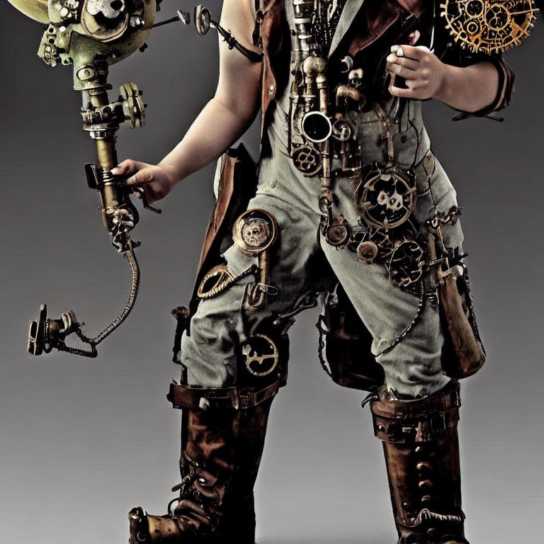 Steampunk costume with cogwheel accessories and pumpkin-themed boots