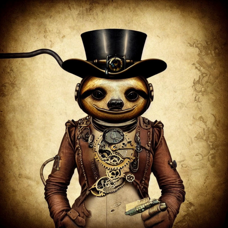 Steampunk-style character with meerkat head in top hat and gear-driven attire.