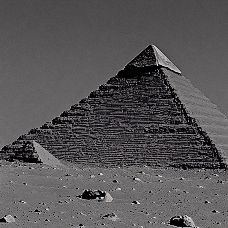 Monochrome photo: Great Pyramid of Giza under clear sky
