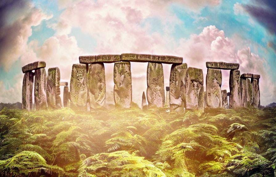 Ancient Stonehenge in Green Landscape with Dramatic Sky