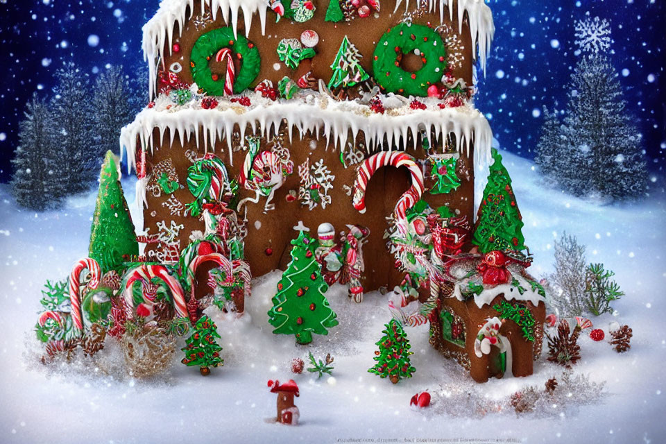 Whimsical gingerbread house in snowy landscape with candy canes & frosted trees