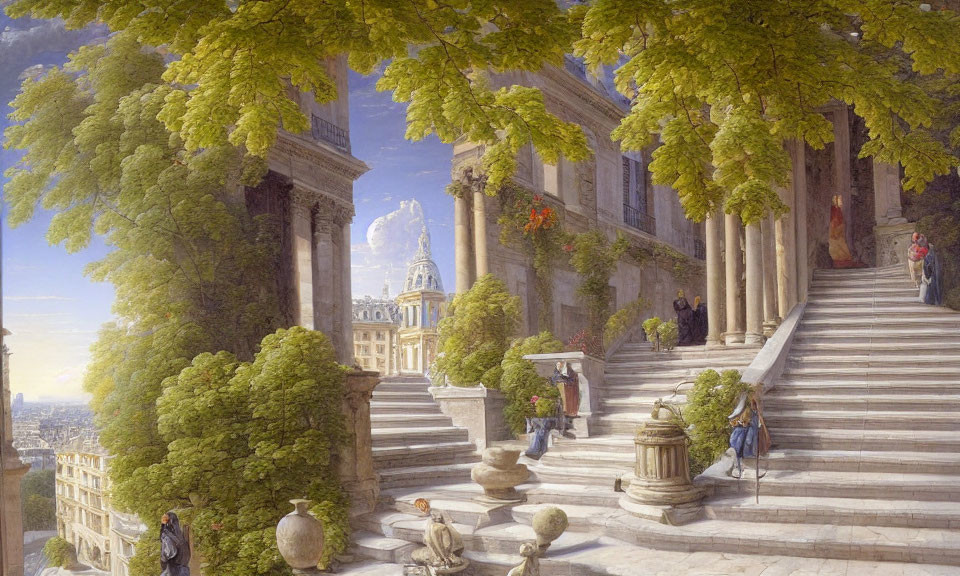 Classical architecture with columns, stairs, and period clothing in a scenic cityscape.