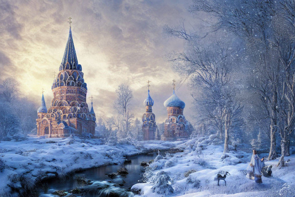 Whimsical winter church scene with woman, dog, and river