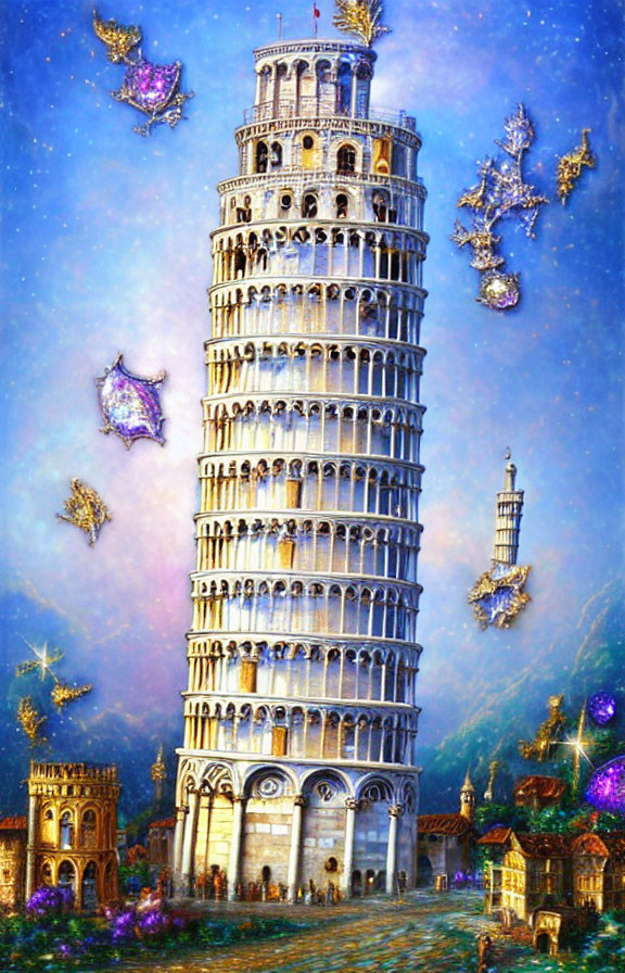 Fantastical Leaning Tower of Pisa with illuminated floating islands at night