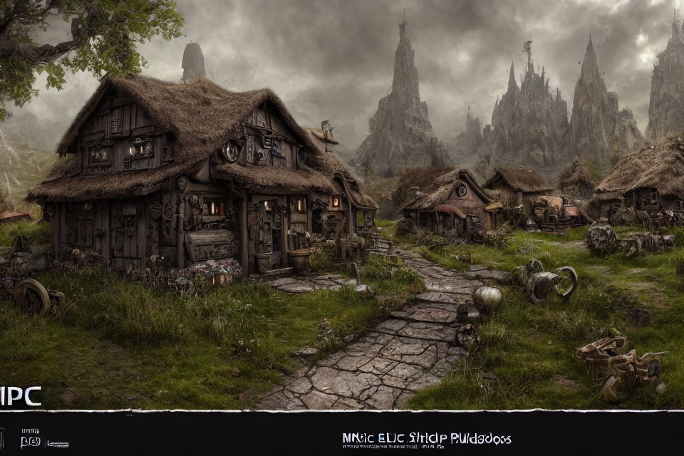 Rustic cottages and rocky spires in moody fantasy village