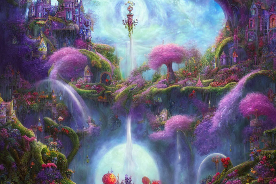 Fantastical landscape with purple foliage, waterfalls, and whimsical architecture