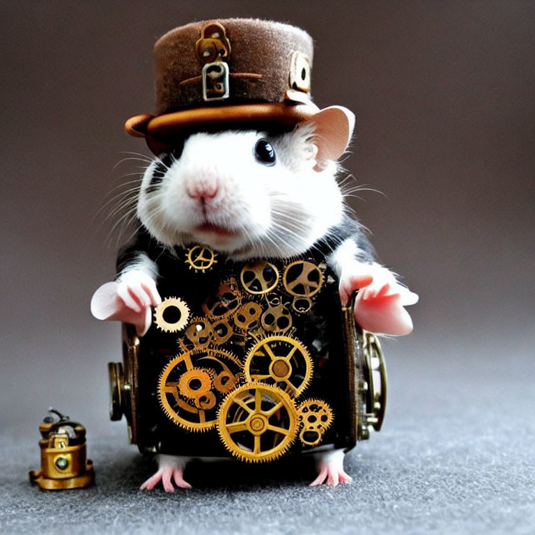 Steampunk-themed guinea pig with gears, hat, and lantern pose.