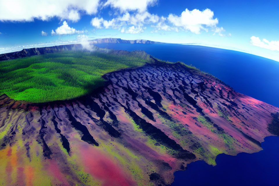 Volcanic landscape with crater, green forest, lava flows, and ocean