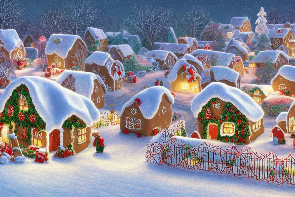 Village of Gingerbread Houses in Snowy Evening Glow