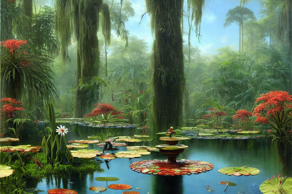 Lush Jungle Landscape with Red Flowers, Mossy Trees, and Water Lilies