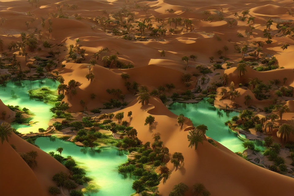 Scenic desert oasis with palm trees and golden sand dunes