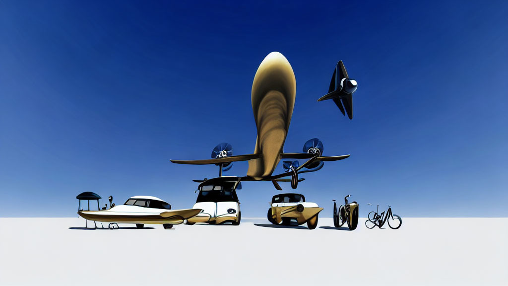 Assorted Vehicles with Surreal Proportions on Light Blue Background