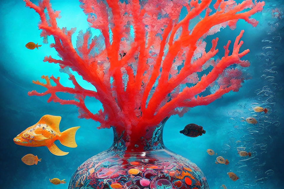 Colorful underwater scene with vibrant red coral and tropical fish in ornate vase