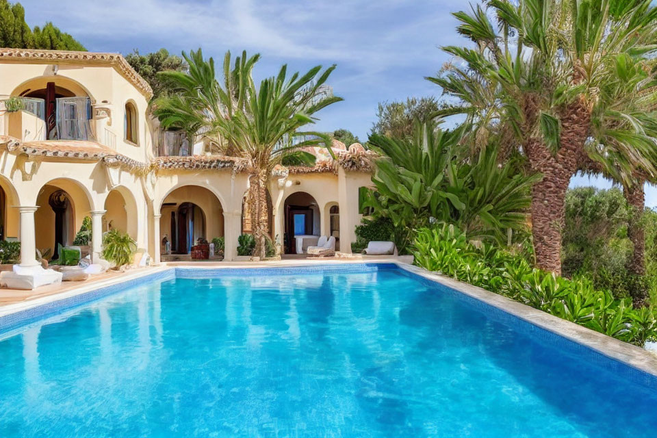 Luxurious Pool by Elegant Villa with Arches and Palm Trees