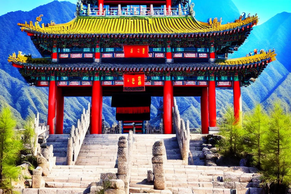 Traditional Chinese Gate with Golden Roof Decorations in Mountain Setting