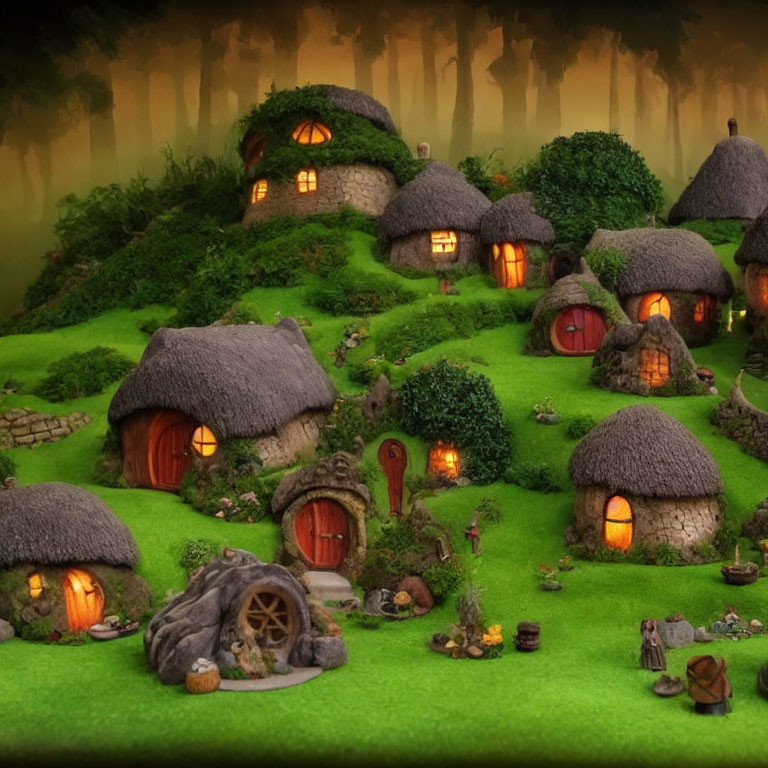 Miniature fantasy village: Cozy cottages in green hills with softly lit windows