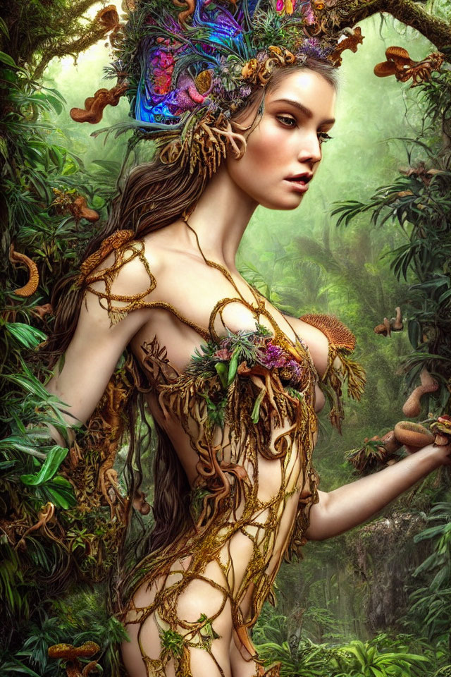 Colorful butterfly crown adorns mystical forest nymph in lush greenery