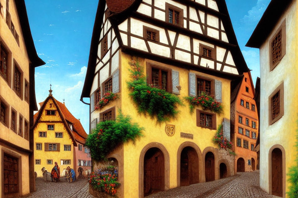 Charming European cobblestone street with colorful half-timbered houses