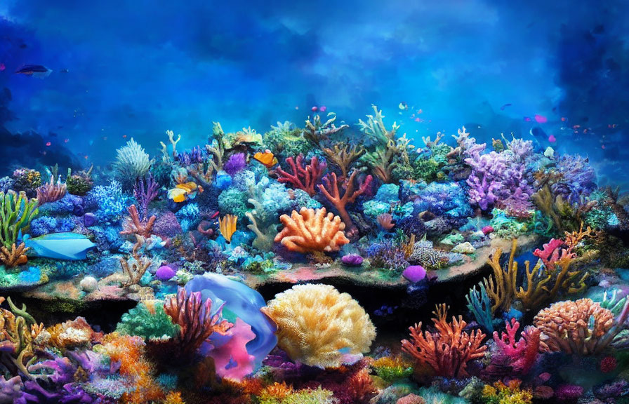 Vibrant Underwater Scene with Colorful Corals and Marine Life