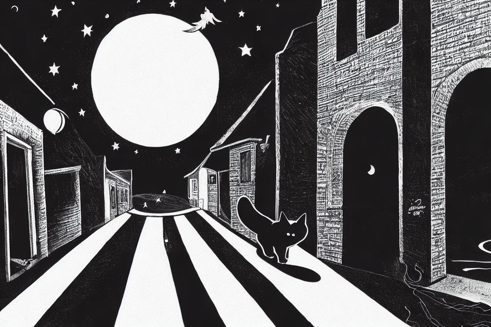 Detailed black-and-white night street scene with full moon, stars, bird, and cat.