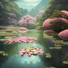 Tranquil Pond with Pink Lotus Flowers and Lily Pads