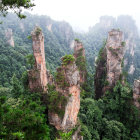 Fantastical landscape with multiple Eiffel Towers in mountains