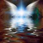 Celestial wings and glowing light over serene water and cosmic sky