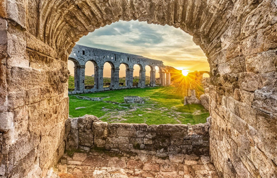 Ancient stone gateway frames Roman amphitheater arcades at sunset