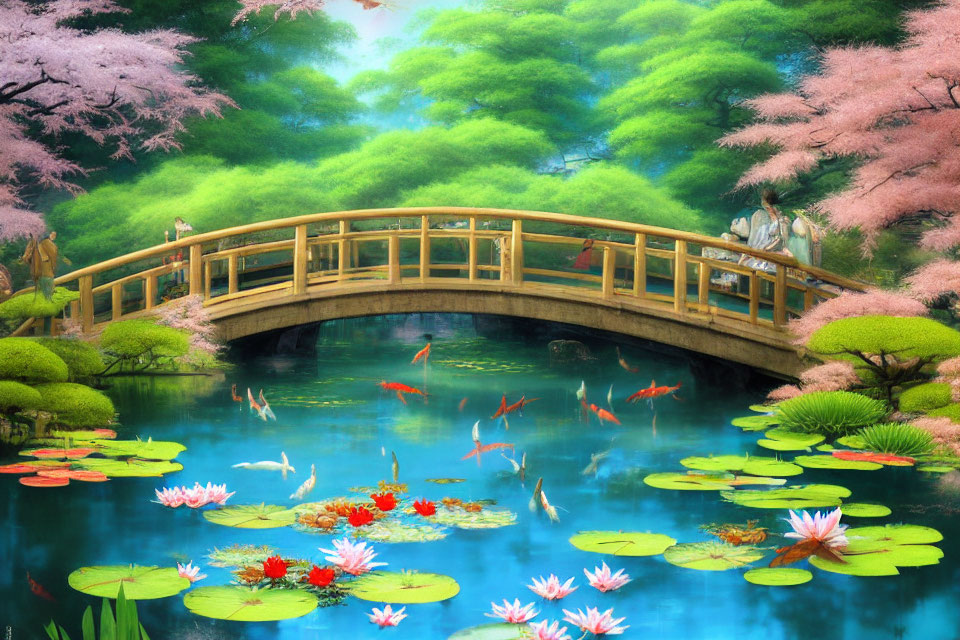 Lush garden scene with wooden bridge over koi pond