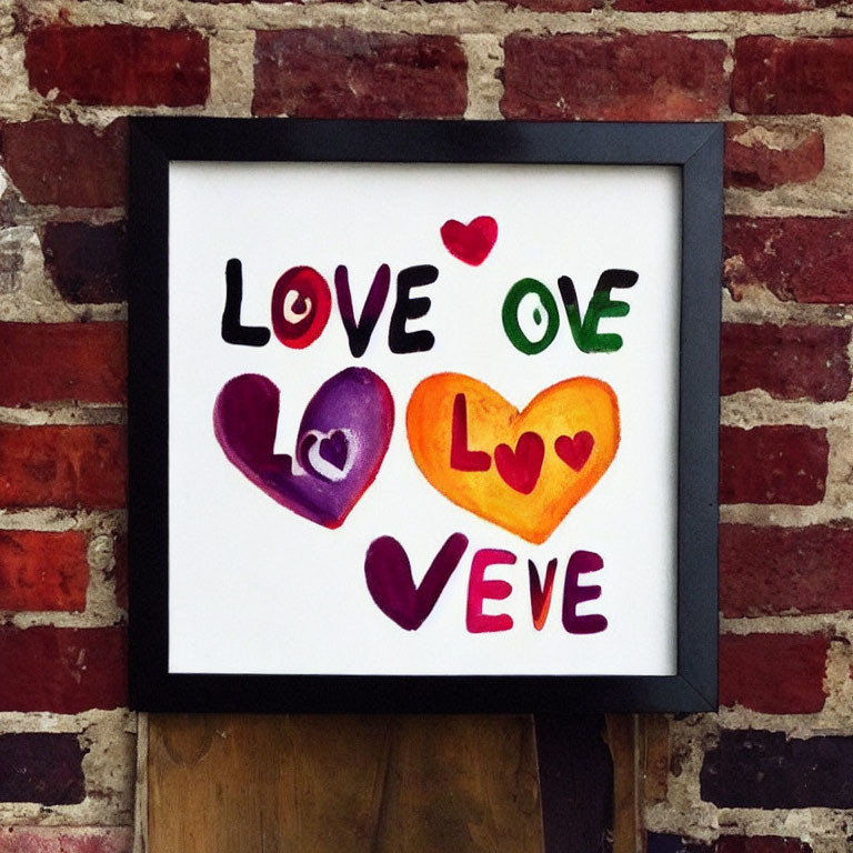 Colorful "LOVE" Artwork with Hearts on Brick Wall