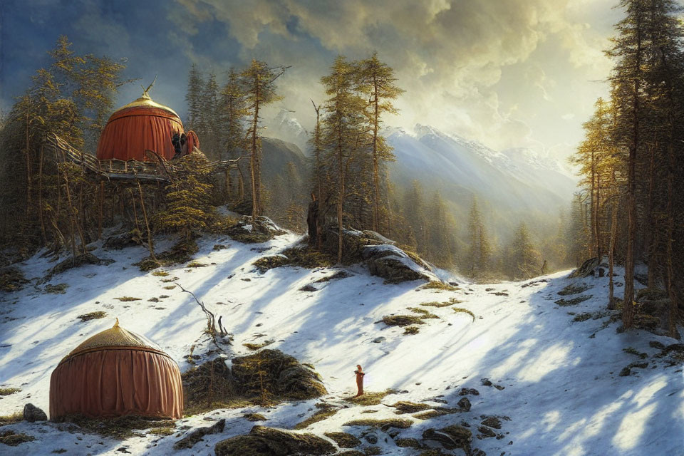 Snowy landscape with elevated hut, person in red, and dramatic sky.