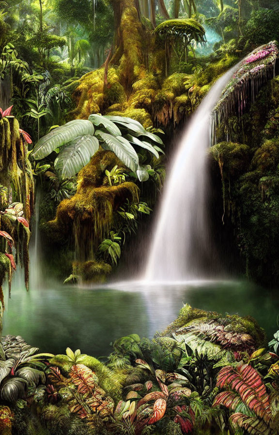 Tranquil waterfall in lush tropical setting