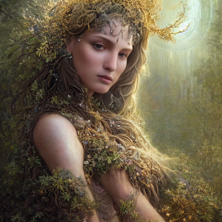 Ethereal woman adorned with branches and moss in forest setting