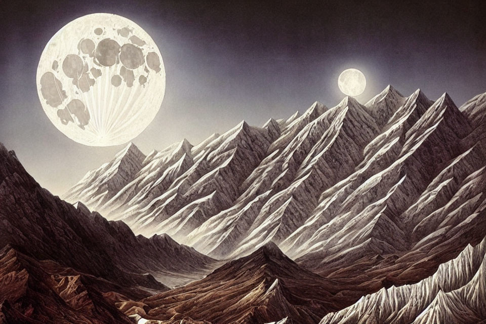 Illustration of mountainous landscape with two moons in night sky