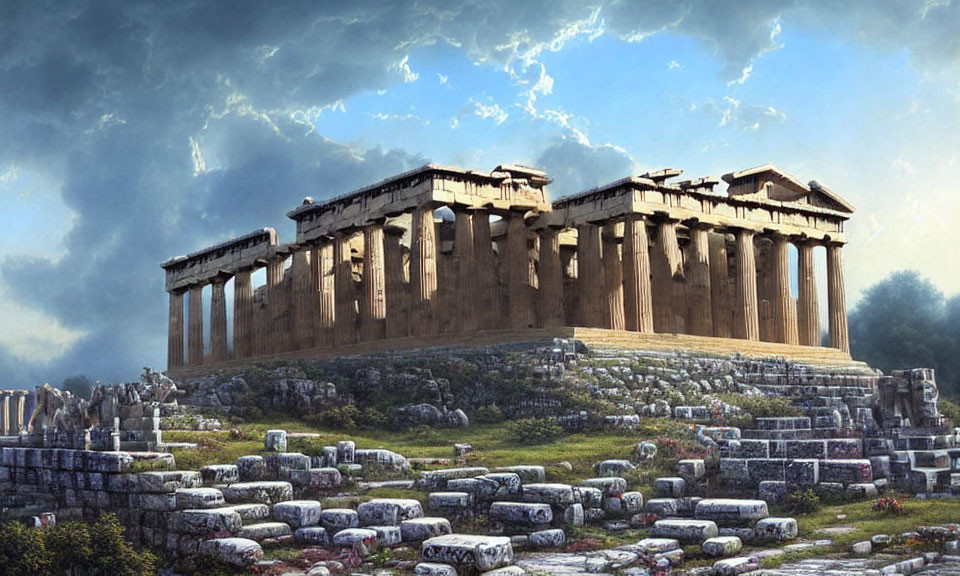 Ancient Greek Parthenon temple surrounded by ruins under dramatic sky