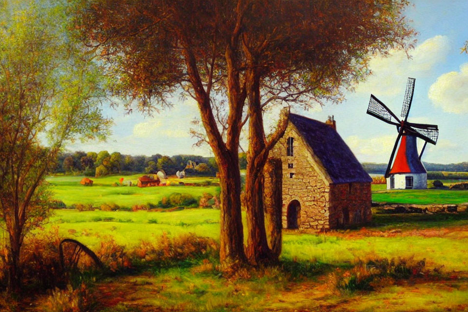 Rural landscape with stone cottage, windmill, and grazing cattle