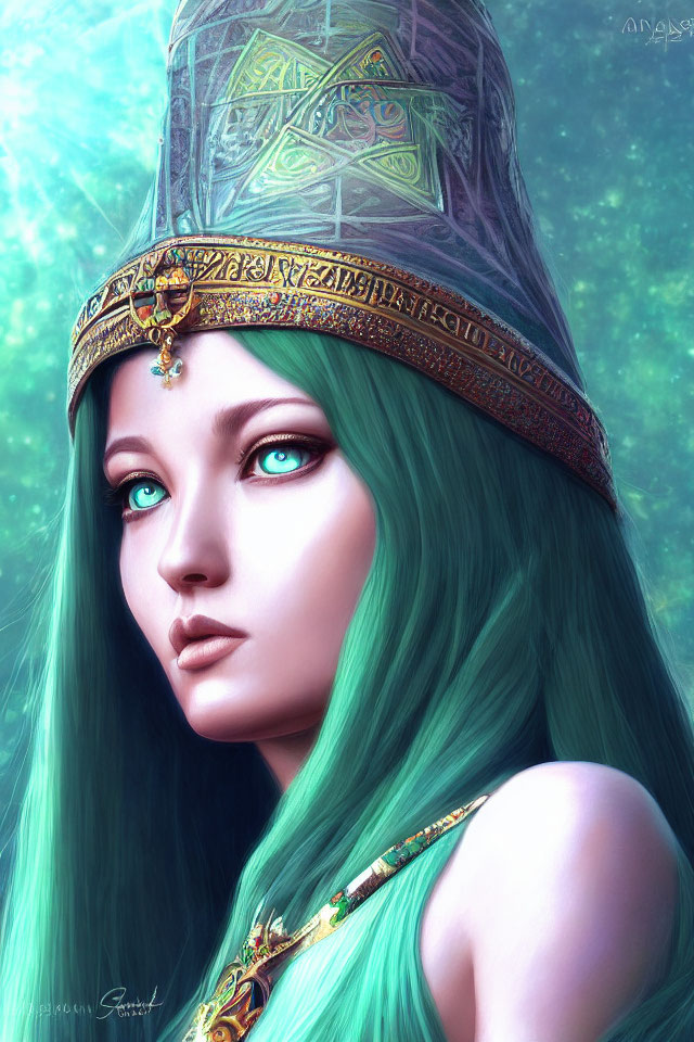 Vibrant teal hair, green eyes, ornate crown with gemstone