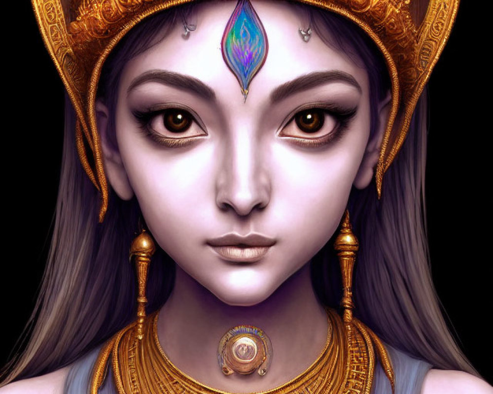 Detailed illustration of female character with large eyes and gold headgear and gemstone.